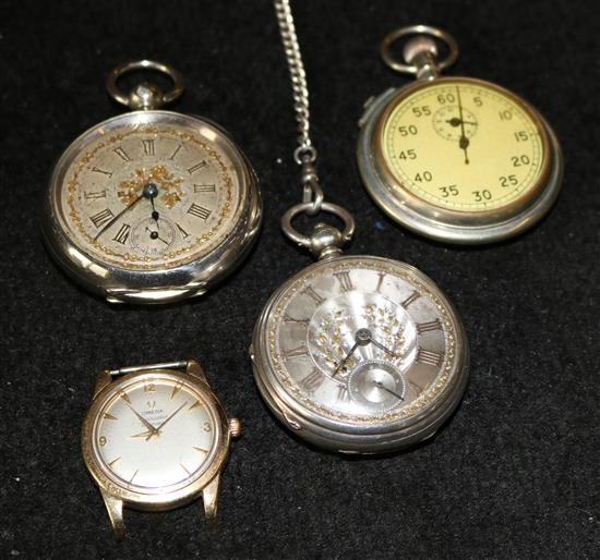 2 pocket watches, a stopwatch & Omega